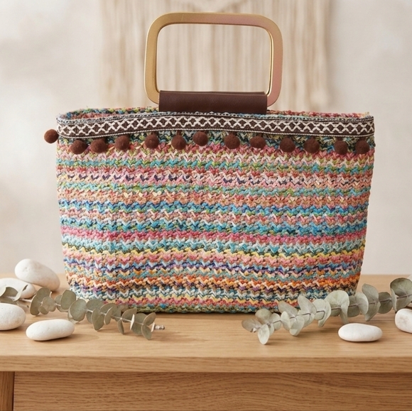 Boho Bundle! Woven Fabric Tote Bag Metal Handle Pom Poms And NWT Guess Wallet - Picture 3 of 12